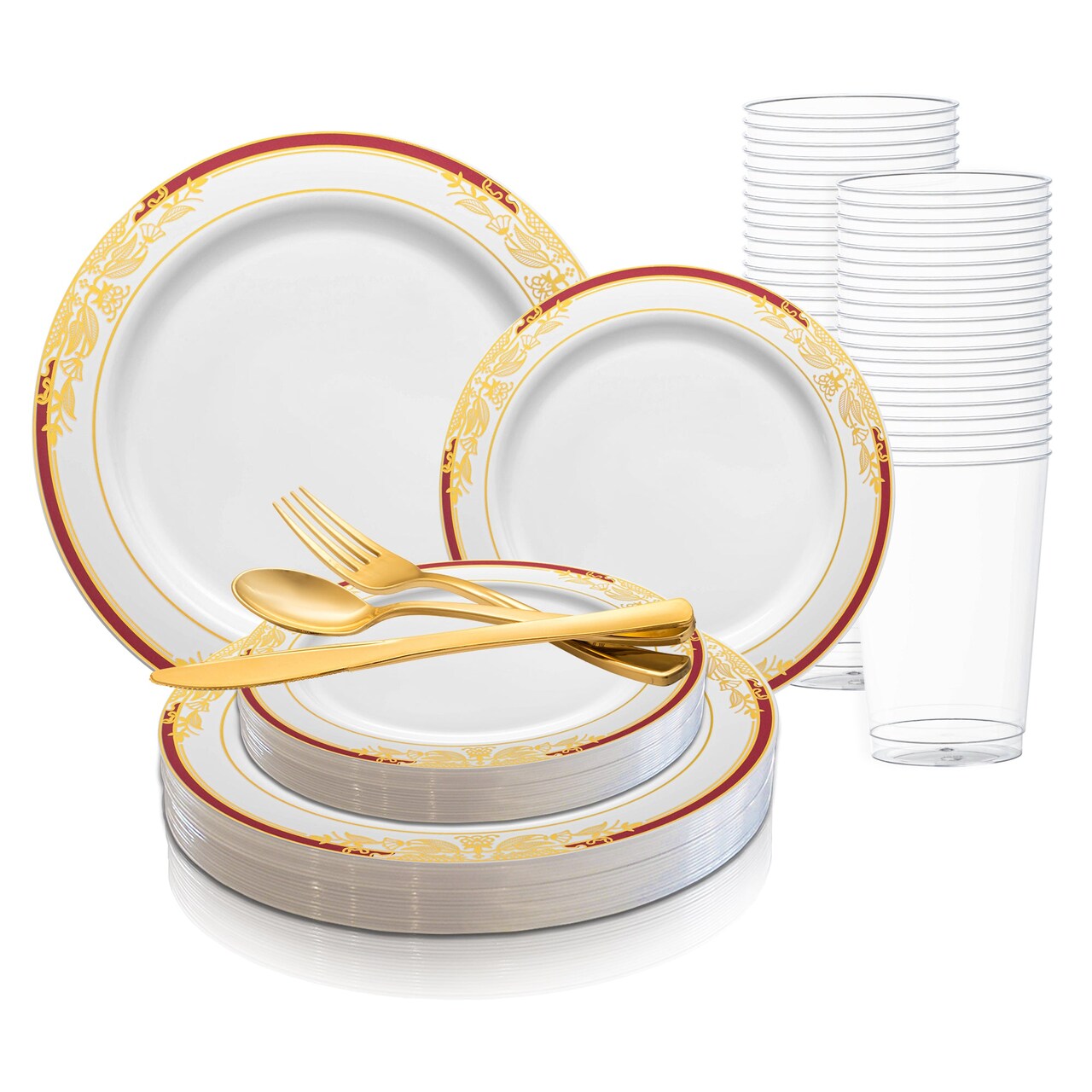 White with Burgundy and Gold Harmony Rim Plastic Wedding Value Set (20 Settings)